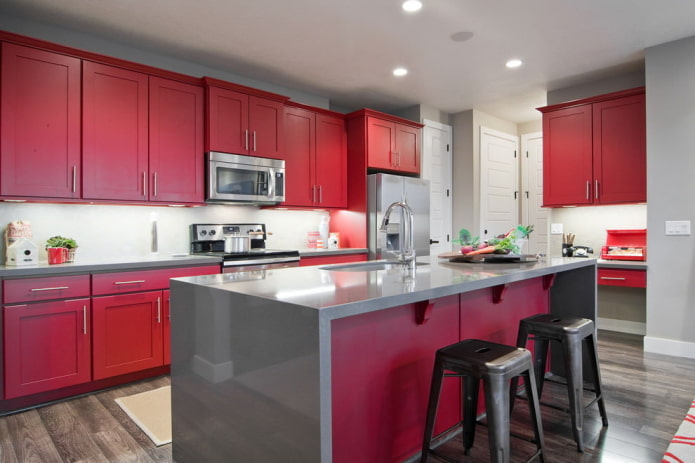 kitchen interior in gray-red tones