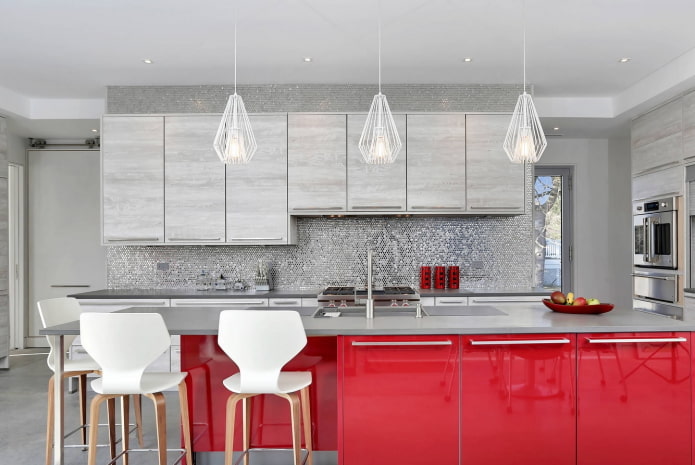 kitchen interior in gray-red tones