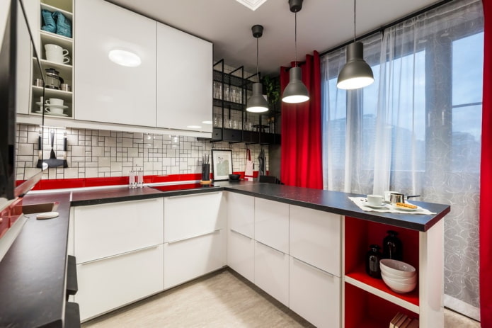 kitchen interior with red accents