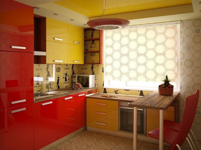 kitchen interior in yellow and red colors