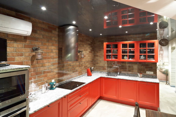 red loft style kitchen interior