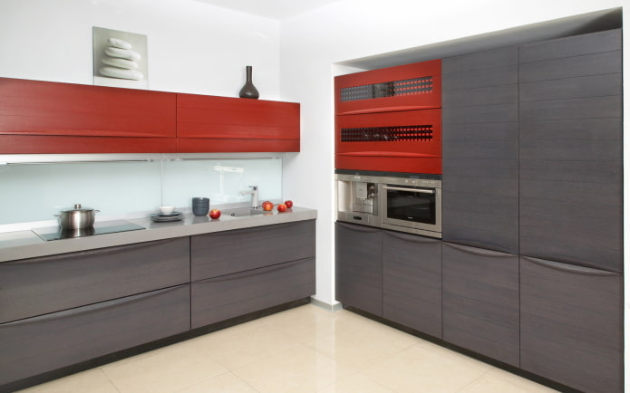 red kitchen interior in the style of minimalism
