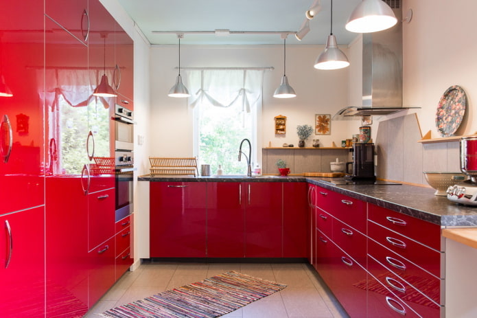 interior of a small kitchen in red tones