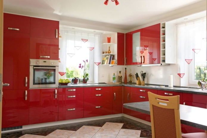 curtains in the interior of the kitchen in red tones
