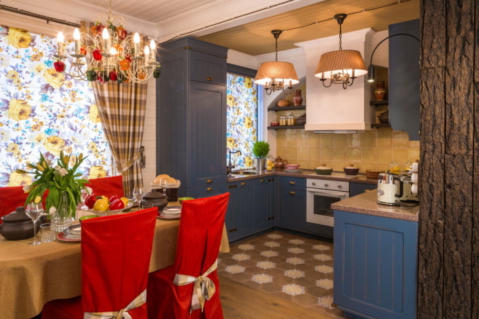 декор и осветљење у кухињи у рустикалном стилу земље