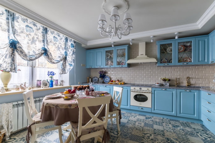 Provence style in the interior of a blue kitchen