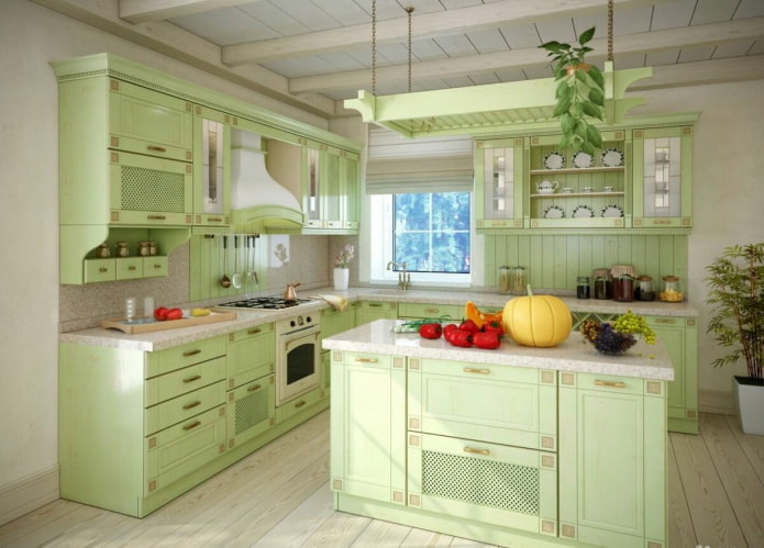 Provence style in the interior of a green kitchen