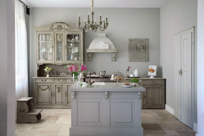 Provence style in the interior of a gray kitchen