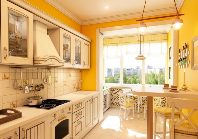 Provence-i stílus a sárga konyha belsejében