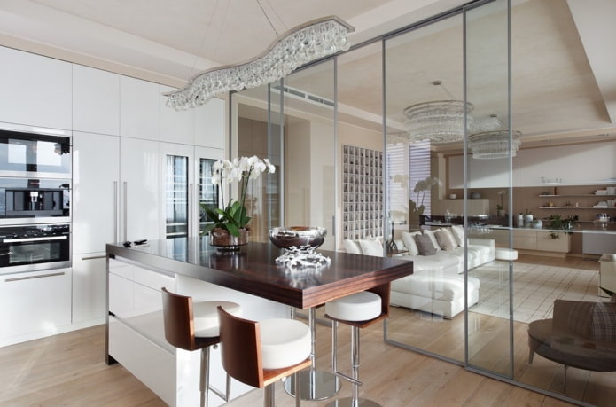 zoning with sliding doors in the interior of the kitchen-living room