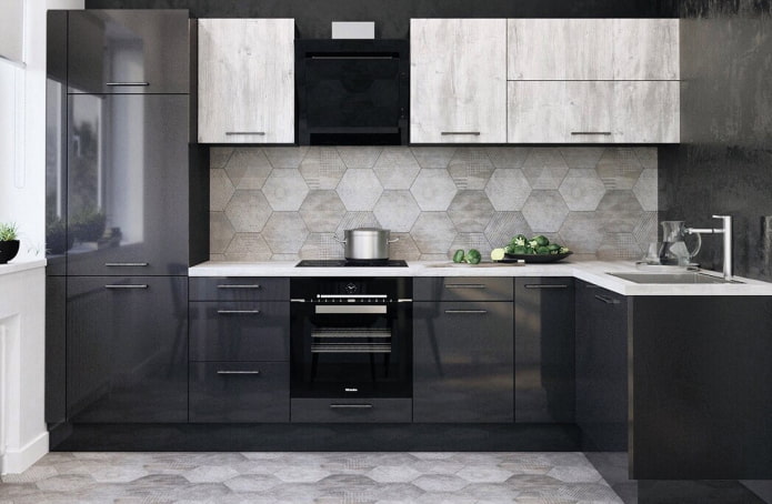 Kücheninterieur in grauen und schwarzen Farben