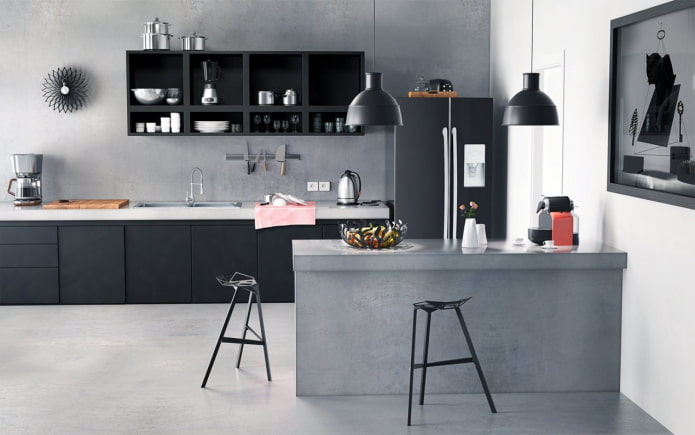 Kücheninterieur in grauen und schwarzen Farben