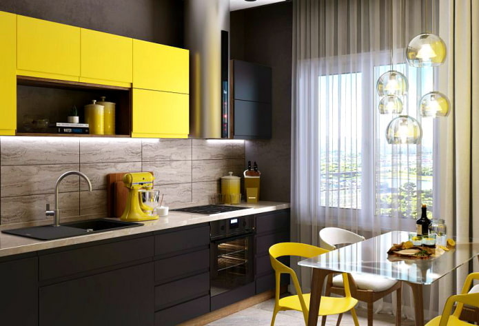 Kücheninterieur in schwarzen und gelben Farben