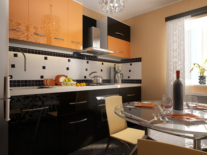 kitchen interior in black and orange colors