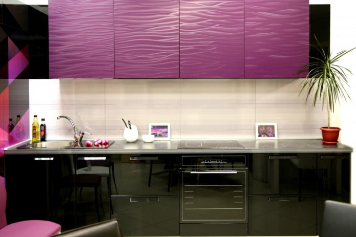 kitchen interior in black and purple tones