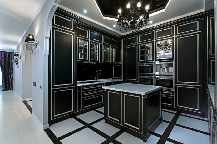ห้องครัวในโทนสีดำในสไตล์อาร์ตเดคโค