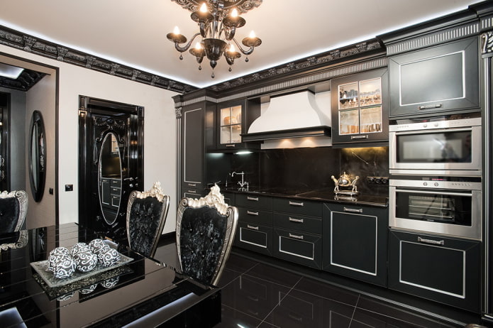 kitchen in black tones in a classic style