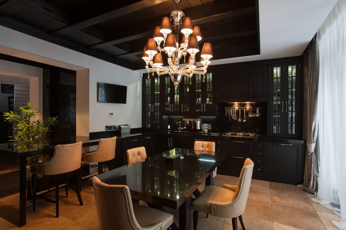 lighting in the interior of the kitchen in black tones