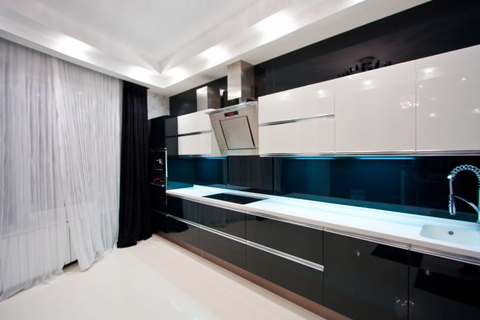 curtains in the interior of the kitchen in black colors