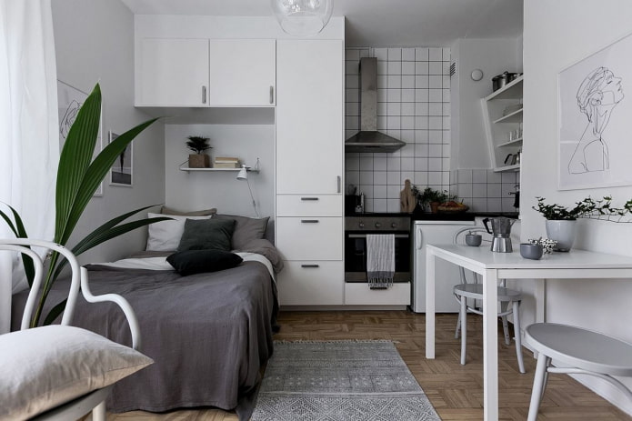 interior of a small kitchen-bedroom