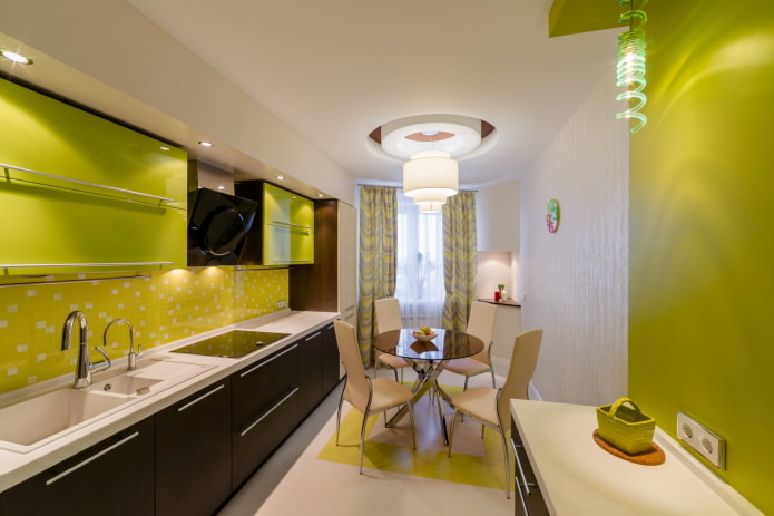 lighting and decor in the interior of the kitchen in light green tones