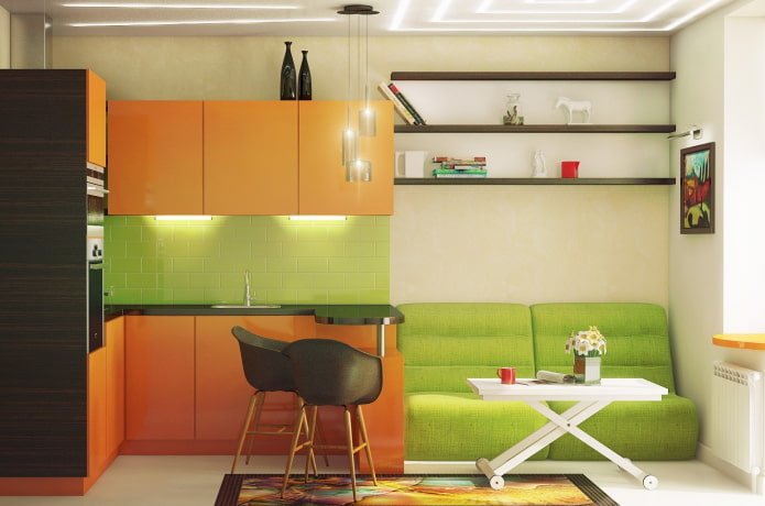 кухињски ентеријер у наранџастим и светло зеленим тоновима