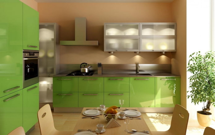 kitchen interior in beige and light green colors