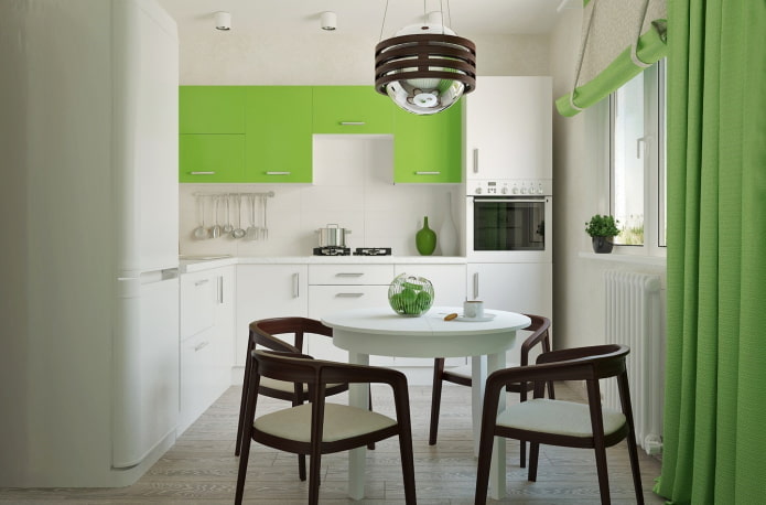 világítás és dekoráció a konyha belsejében, világos zöld színben
