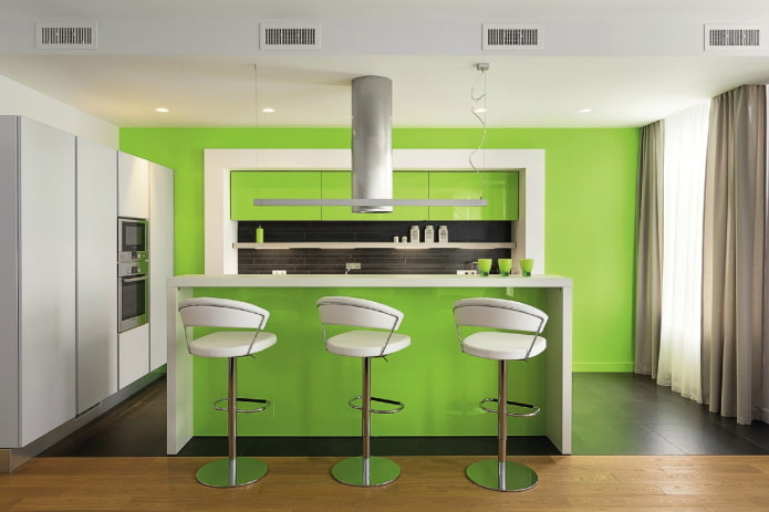 Möbel und Geräte im Inneren der Küche in hellen Grüntönen