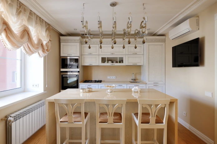furniture and appliances in the interior of the kitchen in beige tones