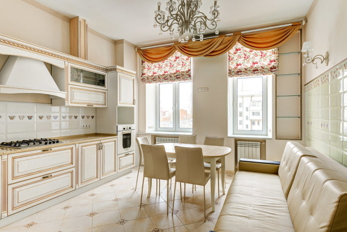 curtains in the interior of the kitchen in beige tones