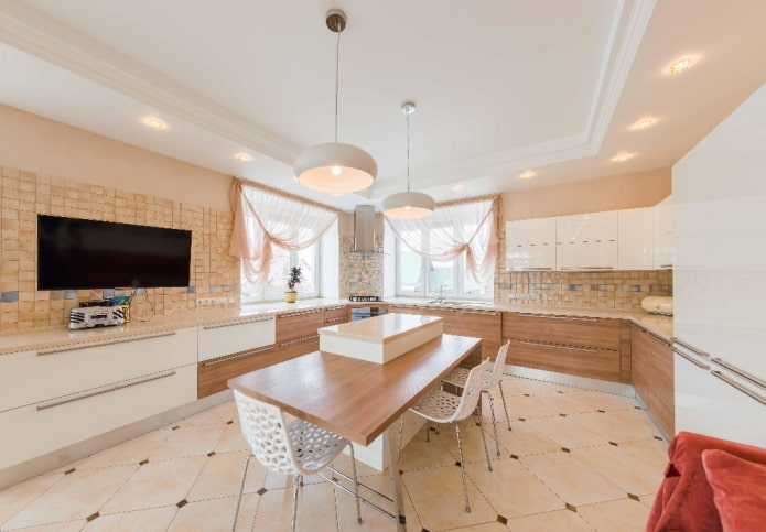 lighting and decor in the interior of the kitchen in beige tones