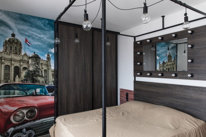 дизајн мале спаваће собе у индустријском стилу