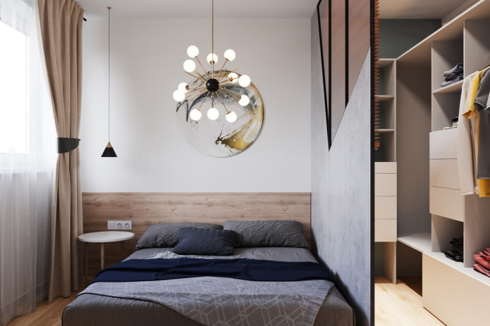 Beleuchtung im Inneren des skandinavischen Schlafzimmers