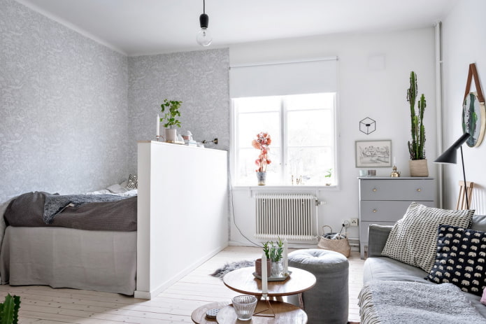 Skandináv stílusú hálószoba-nappali kialakítás