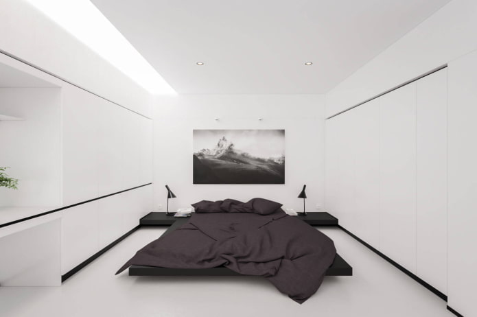 weiße Schlafzimmereinrichtung im Stil des Minimalismus