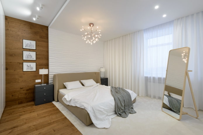 bedroom interior in white and brown tones