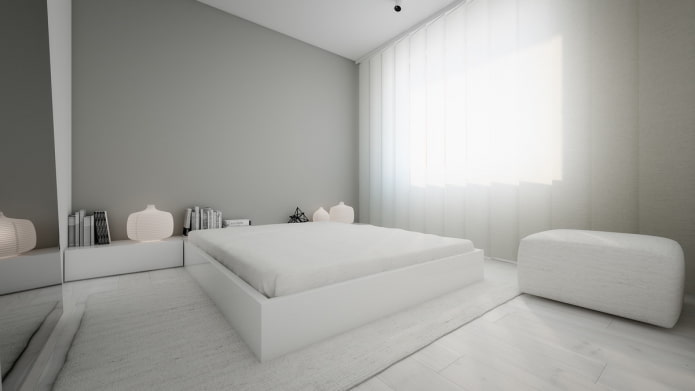 hálószoba belső fehér és szürke tónusú