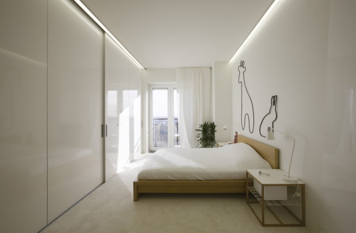 keskeny hálószobás szoba a minimalizmus stílusában