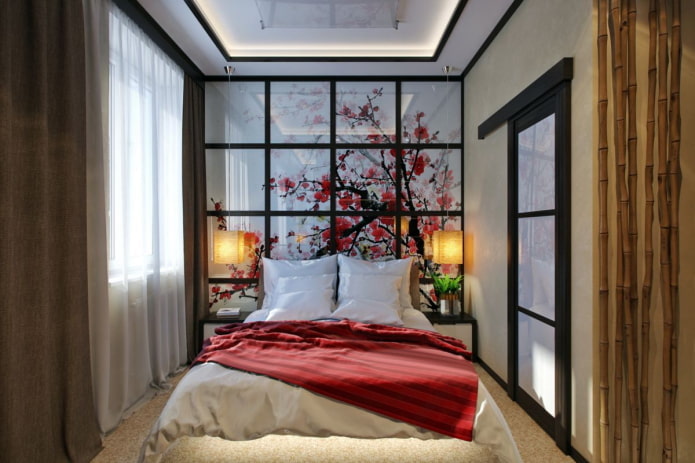 schmales Schlafzimmer im japanischen Stil