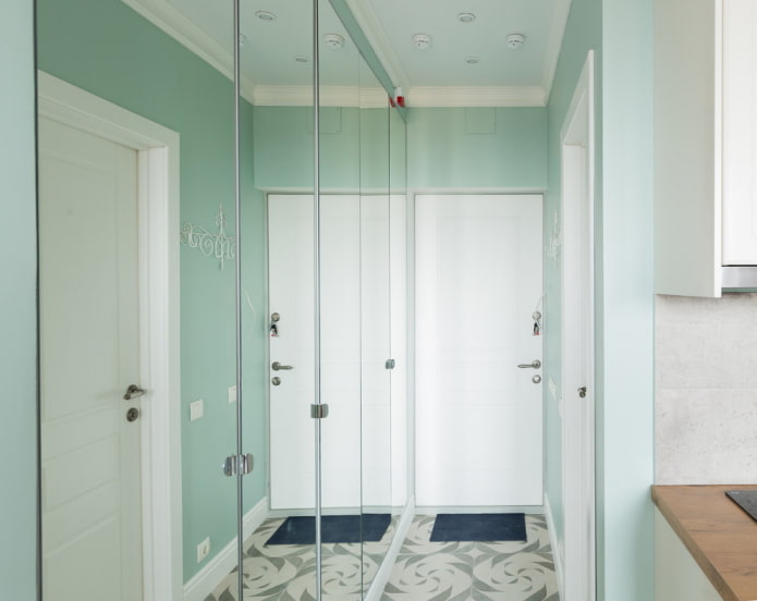 mint hallway with mirrored wardrobe