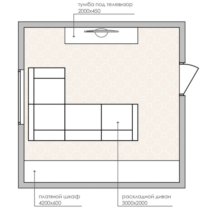 Grundrissplan eines kleinen Wohnzimmers mit Ecksofa