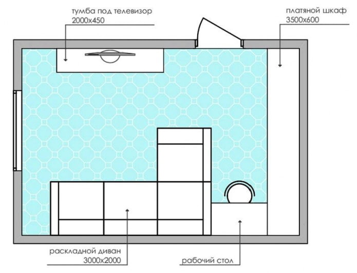Grundrissplan eines kleinen Wohnzimmers mit Ecksofa