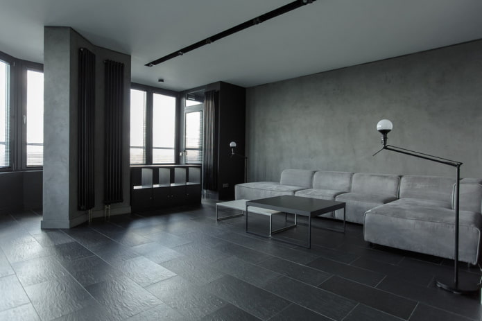 унутрашњост сиве дневне собе у стилу минимализма