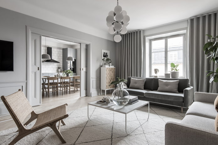 living room interior design in shades of gray