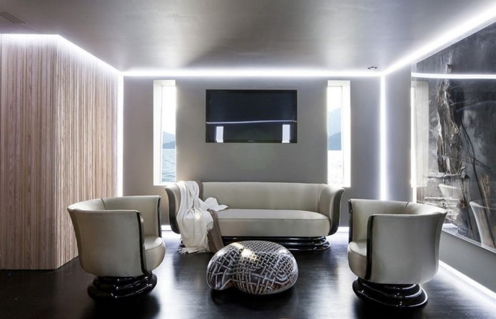 ентеријер сиве дневне собе у стилу високе технологије