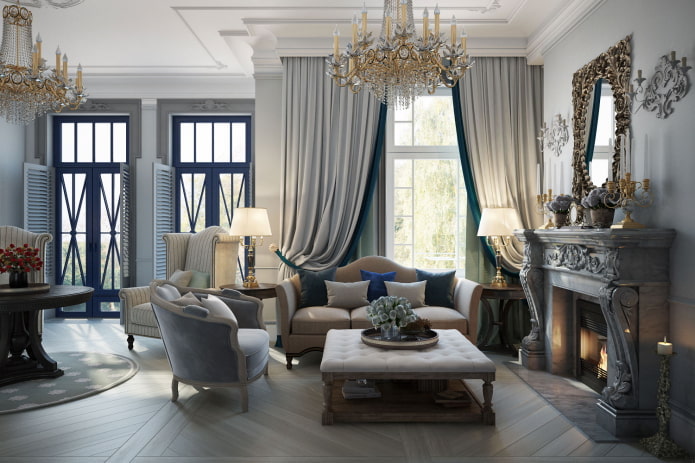 сиви ентеријер дневне собе у класичном стилу
