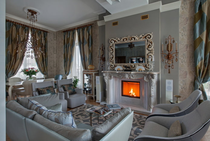 сиви ентеријер дневне собе у класичном стилу