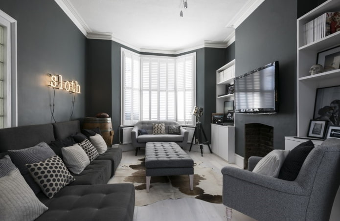 furnishings in the interior of a gray living room