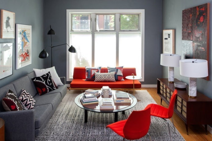 furnishings in the interior of a gray living room